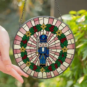 Holiday Enthusiasts' Tiffany Style Stained Glass Nutcracker Holly Wreath Design Stained Glass Suncatcher
