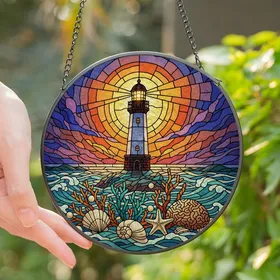 Coastal Art Enthusiasts' Tiffany Style Stained Glass Lighthouse Seascape, Glowing Coral, Jewel Tones, Moon Stained Glass Suncatcher