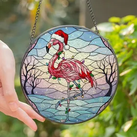 Holiday Art Collectors' Tiffany Stained Glass Flamingo Santa Hat Rose Pink Emerald Green Winter Mosaic Stained Glass Suncatcher