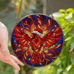 Holiday Admirers' Vibrant Stained Glass Cardinal In Flight Santa Hat Christmas Lights Mosaic Art in Jewel Tones Stained Glass Suncatcher