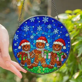 Holiday Enthusiasts' Glowing Tiffany Stained Glass Gingerbread Men Red Hats Green Gifts Snowflake Mosaic Stained Glass Suncatcher