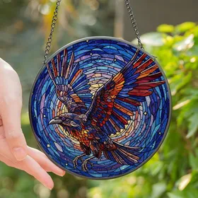 Raven Lovers' Stained Glass Raven Dynamic Mid-Flight Cosmic Blue Purple Jewel Tones Stained Glass Suncatcher