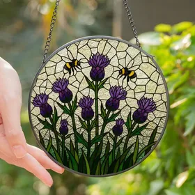 Nature Lovers' Vibrant Purple Thistle & Bumblebee Tiffany-Style Stained Glass Mosaic Stained Glass Suncatcher
