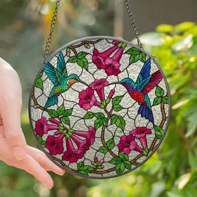 Nature Lovers' Vibrant Tiffany Stained Glass Hummingbirds Pink Fuchsia Floral Jewel Mosaic Art Stained Glass Suncatcher