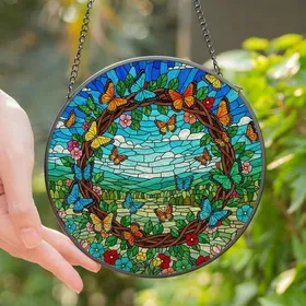 Nature Lovers' Radiant Tiffany Stained Glass Butterfly Wreath Mosaic Blue Sky Orange Yellow Green Pink Jewel Tones Stained Glass Suncatcher