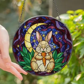 Whimsical Art Lovers' Tiffany Style Stained Glass Rabbit Carrot Celestial Moon & Stars Jewel Tones Intricate Mosaic Stained Glass Suncatcher