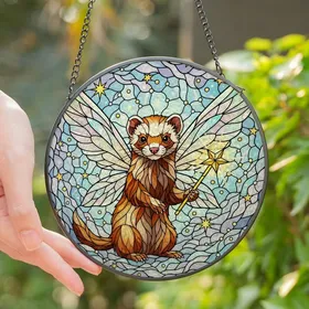 Fantasy Lovers' Whimsical Flying Ferret Magic Wand Tiffany Stained Glass Jewel Sky Art Stained Glass Suncatcher