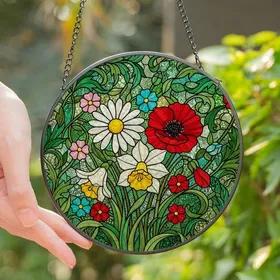 Nature Lovers' Vibrant Tiffany Stained Glass Garden Mosaic: Red Poppy, White Daisy, Daffodil, Swirling Foliage, Teal Pink Accents Stained Glass Suncatcher
