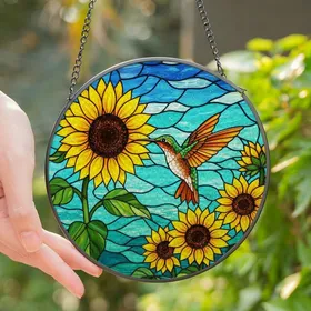 Nature Lovers' Vibrant Tiffany Stained Glass Hummingbird Sunflower Mosaic Blue Teal Orange Green Stained Glass Suncatcher