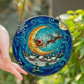 Holiday Enthusiasts' Tiffany Stained Glass Santa's Sleigh Flight, Jewel-Toned Winter Village & Crescent Moon Sky Stained Glass Suncatcher