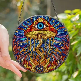 Fantasy Art Lovers' Glowing Stained Glass Eye Mushroom Jewel Tone Celestial Mosaic Art Stained Glass Suncatcher