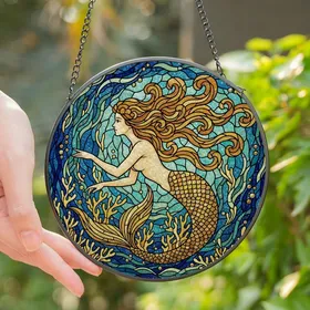 Women's Stained Glass Mermaid Ocean Waves Coral Tiffany Style Intricate Jewel Tones Stained Glass Suncatcher