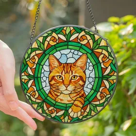 Cat Lovers' Vibrant Stained Glass Orange Tabby Cat Emerald Green Mosaic Jewel Tone Art Stained Glass Suncatcher