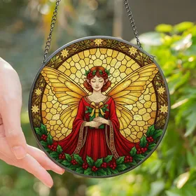Enchanted Dreamers' Tiffany Stained Glass Fairy Golden Amber Wings Red Holly Berry Mosaic Art Stained Glass Suncatcher