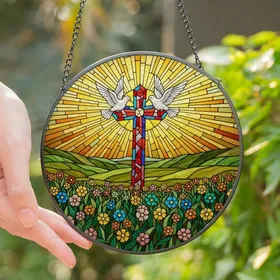 Spiritual Art Lovers' Vibrant Tiffany Stained Glass Cross Doves Sunburst Meadow Stained Glass Suncatcher