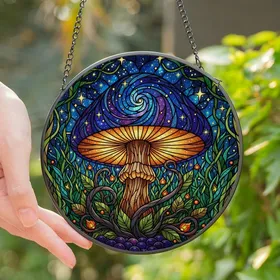 Fantasy Art Lovers' Cosmic Stained Glass Mushroom Galaxy Cap Mystical Forest Jewel Tone Mosaic Stained Glass Suncatcher