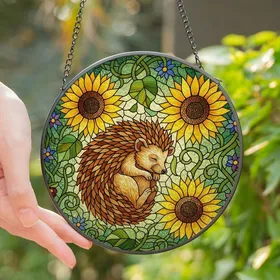 Nature Lovers' Whimsical Stained Glass Hedgehog Sunflower Botanical Mosaic Orange Yellow Green Jewel Tones Stained Glass Suncatcher