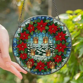 Christmas Lovers' Glowing Tiffany Stained Glass Poinsettia Wreath Red Green Gold Blue Winter Stained Glass Suncatcher