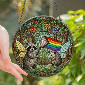 Fantasy Art Lovers' Tiffany Glass Fairy Raccoon Opossum Rainbow Stripe Banner Forest Mosaic Jewel Tones Stained Glass Suncatcher