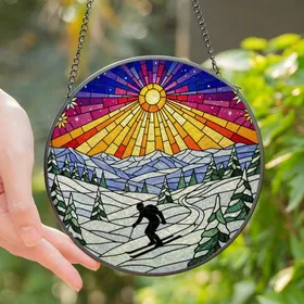 Mountain & Art Lovers' Tiffany Glass Skier Silhouette Snowy Peaks Jewel Tone Sunrise Mosaic Stained Glass Suncatcher