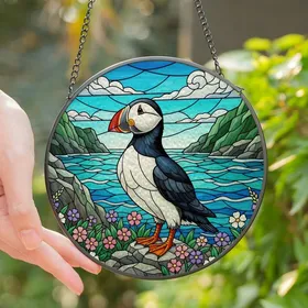 Bird Lovers' Vibrant Tiffany Style Atlantic Puffin Coastal Wildflower Mosaic Stained Glass Suncatcher