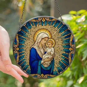 Stained Glass Art Fans' Intricate Tiffany Style Virgin Mary Baby Jesus Radiant Mosaic Stained Glass Suncatcher