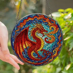 Fantasy Enthusiasts' Tiffany Style Stained Glass Majestic Roaring Dragon Fiery Jewel Tone Celestial Mosaic Stained Glass Suncatcher