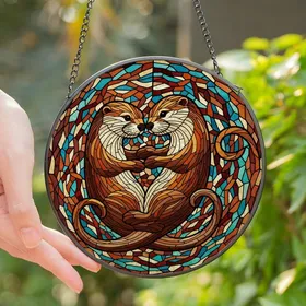 Romantic Souls' Embracing Otters Tiffany Stained Glass Jewel Tone Mosaic Stained Glass Suncatcher