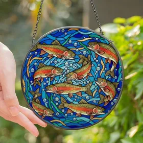 Nature Lover's Vibrant Tiffany Style Stained Glass Trout Mosaic Emerald Blue Water Stained Glass Suncatcher