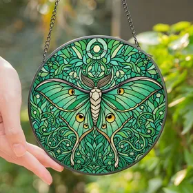 Nature Lovers' Tiffany Stained Glass Luna Moth Teal Aqua Emerald Green Foliage Eye Spot Pattern Stained Glass Suncatcher