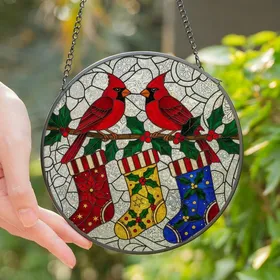 Holiday Enthusiasts' Tiffany Style Stained Glass Ruby Cardinals Holly Berries Christmas Stockings Intricate Mosaic Stained Glass Suncatcher