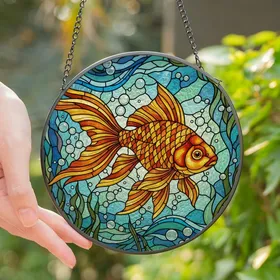Aquatic Art Lovers' Glowing Goldfish Tiffany Stained Glass Amber Golden Orange Mosaic Pattern Stained Glass Suncatcher