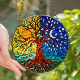 Art Lovers' Tiffany Style Tree of Life Day Night Sapphire Blue Yellow Orange Mosaic Stained Glass Suncatcher