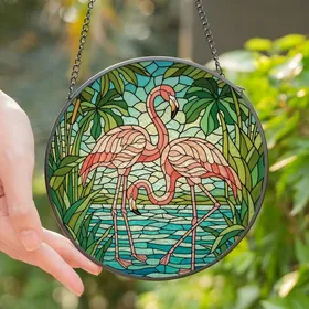 Tropical Aesthetic Fans' Tiffany Inspired Flamingo Pastel Jewel Tone Art Mosaic Stained Glass Suncatcher