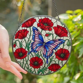 Nature Lovers' Iridescent Butterfly Stained Glass Art with Red Poppies & Mosaic Background Stained Glass Suncatcher