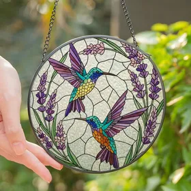 Women's Vibrant Stained Glass Hummingbirds Purple Blue Yellow Orange Pink Floral Mosaic Art Stained Glass Suncatcher