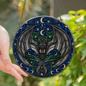 Gothic Art Admirers' Tiffany Stained Glass Bat Nocturnal Sky Deep Jewel Tones Intricate Mosaic Design Stained Glass Suncatcher
