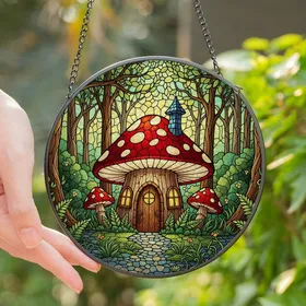 Cottagecore Fans' Vibrant Tiffany Stained Glass Mushroom House Enchanted Forest Mosaic Stained Glass Suncatcher
