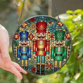 Holiday Enthusiasts' Tiffany Stained Glass Nutcracker Trio Red Blue Green Gold Teal Jewel Tone Holiday Mosaic Stained Glass Suncatcher