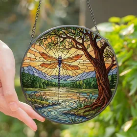 Nature & Art Lovers' Vibrant Tiffany Stained Glass Dragonfly River Jewel Tone Mosaic Stained Glass Suncatcher