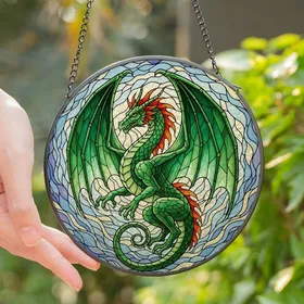 Fantasy Art Lovers' Majestic Emerald Dragon Tiffany Stained Glass Celestial Mosaic Art Green Crimson Orange Stained Glass Suncatcher