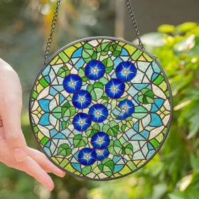 Nature Lovers' Vibrant Blue Morning Glory Tiffany Stained Glass Emerald Green Floral Mosaic Stained Glass Suncatcher