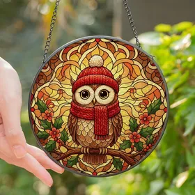 Owl Lovers' Tiffany Style Stained Glass Winter Owl, Red Bobble Hat & Scarf, Radiant Jewel Tones Stained Glass Suncatcher