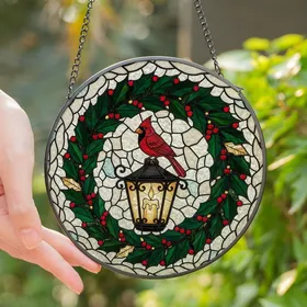 Art & Nature Lovers' Jewel-Toned Red Cardinal Tiffany Stained Glass Lantern & Holly Wreath Mosaic Stained Glass Suncatcher