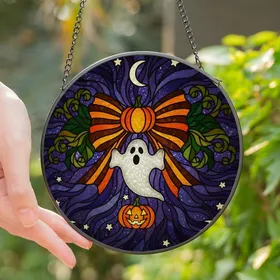 Halloween Enthusiasts' Intricate Tiffany Stained Glass Orange Bow, White Ghost & Jack-o'-Lantern with Mystical Purple Night Stained Glass Suncatcher
