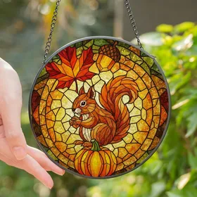 Nature Lovers' Intricate Stained Glass Squirrel, Maple Leaf, Acorn, Pumpkin Mosaic in Glowing Jewel Tones Stained Glass Suncatcher