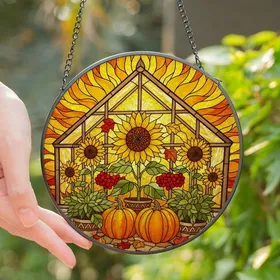 Autumn Garden Enthusiasts' Radiant Tiffany Stained Glass Sunflower & Pumpkin Mosaic Stained Glass Suncatcher