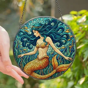 Fantasy Art Lovers' Intricate Stained Glass Mermaid Teal Blue Gold Orange Tiffany Style Mosaic Art Stained Glass Suncatcher