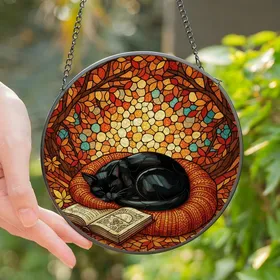 Cat Lovers' Tiffany Stained Glass Black Cat Sleeping Book Autumn Leaves Jewel Tone Mosaic Stained Glass Suncatcher