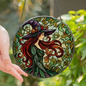 Fantasy Art Lovers' Jewel Tone Stained Glass Sorceress Witch Hat Floral Emerald Purple Amber Stained Glass Suncatcher